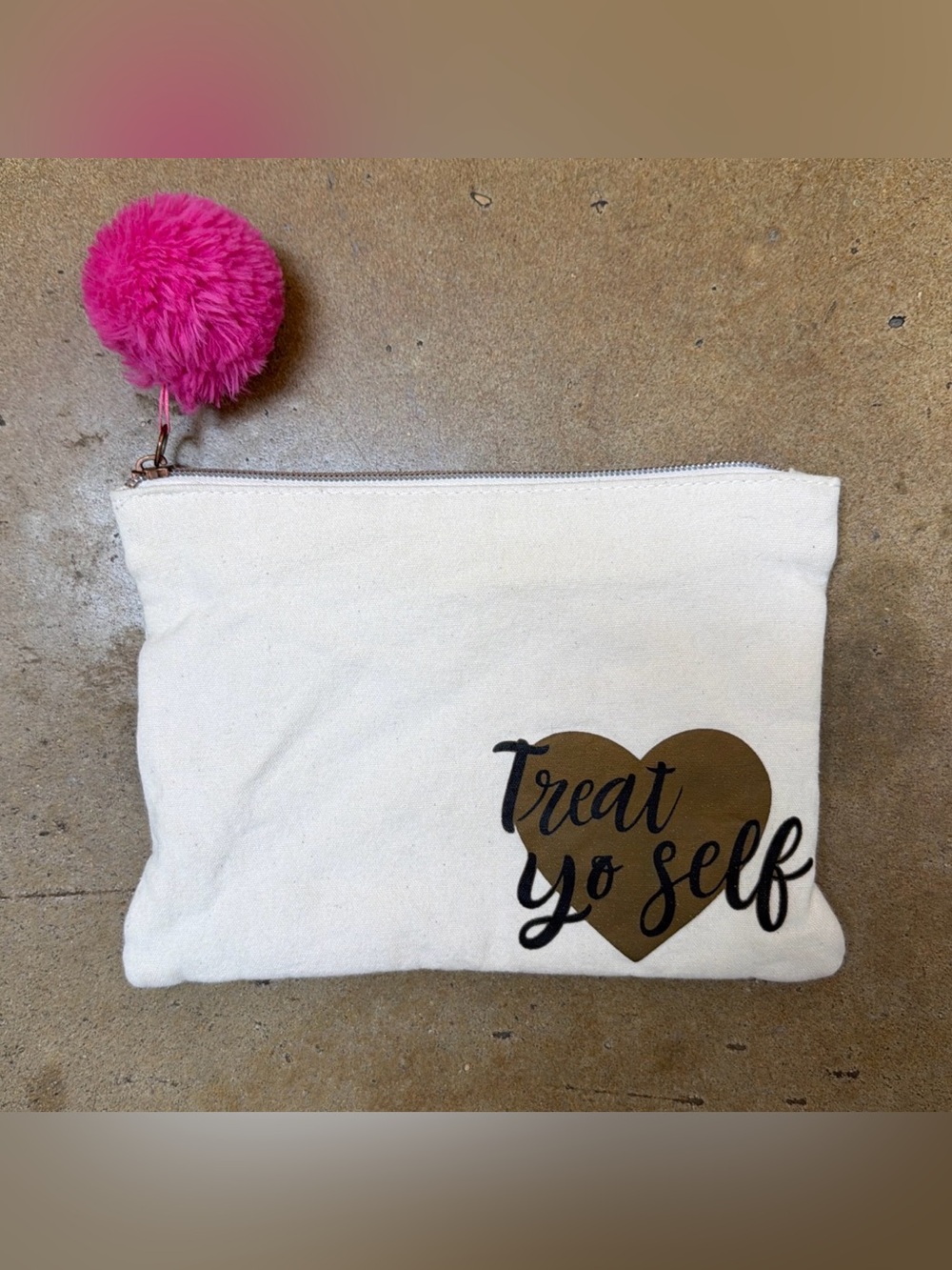 Makeup Bag-Zip Top-Color Phrase Treat Yo Self With Pink Pom-8.5"x6"